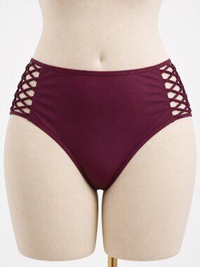 Rue Bleu Bikini Bottom Burgundy High Waisted Ruched Side Lattice M